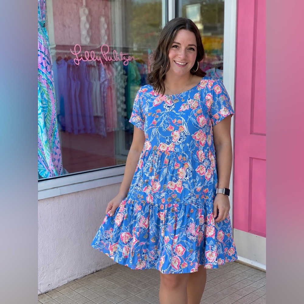 New Lilly Pulitzer Blue Floral A-Line Short Sleeve Dress L